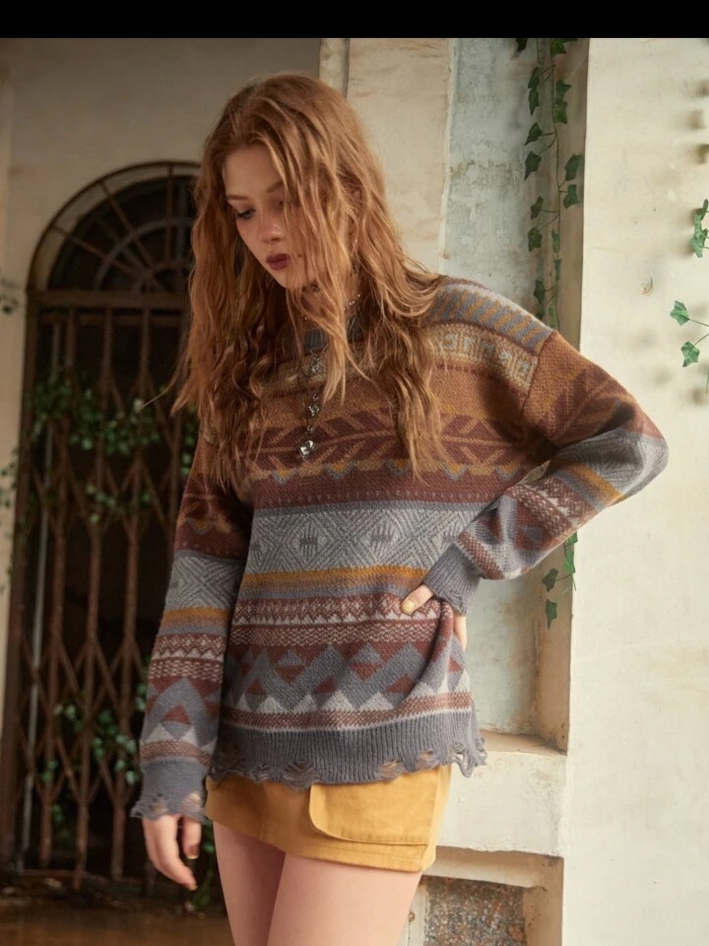 ROMWE Rust & Gray Hippie Geo Pattern Drop Shoulder Sweater Grunge MKY